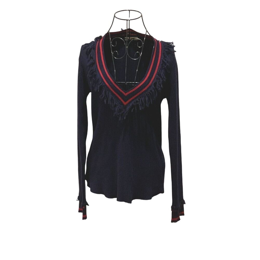 ULLA JOHNSON Ainsley Fringed Cotton/Cashmere Sweater Navy Blue Size S